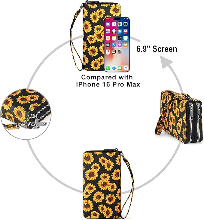 RFID Wallet for Women with Cellphone Pocket - Double Zipper Wristlet Purse Large Capacity, 17 Card Slots, Coin Pocket, Sunflower Print - Image 6