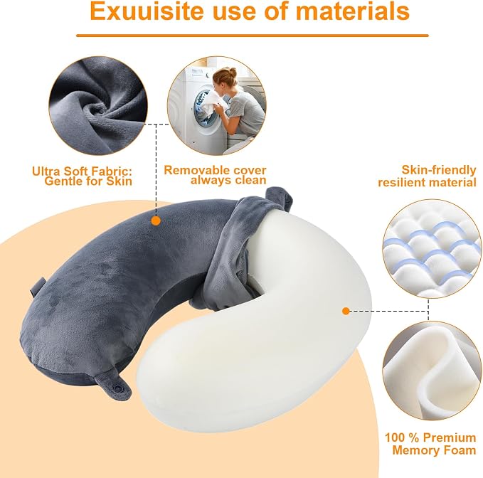 Travel Pillow,100% Pure Memory Foam U Shaped Neck Pillow,Super Lightweight Portable Headrest Great for Airplane, Car,Home,Office,Sleeping Rest (Grey) - Image 4