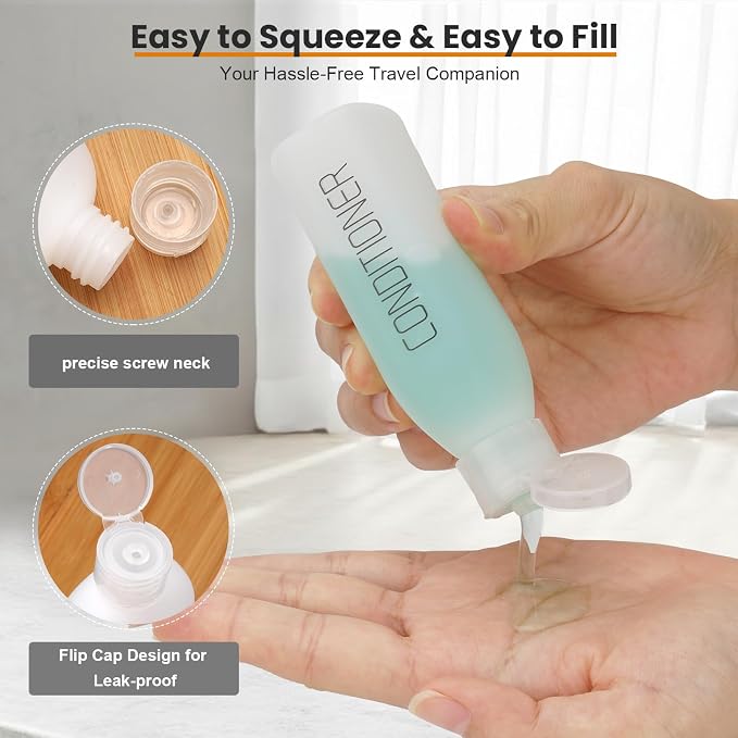 Cosywell 5 PCS 3.4oz Pre-Printed TSA Approved Travel Bottles for Toiletries | Preprinted with SHAMPOO, CONDITIONER and BODY SOAP, Soft Touch, HDPE Plastic, Leak Proof, Funnel, and a Toiletry Bag - Image 4