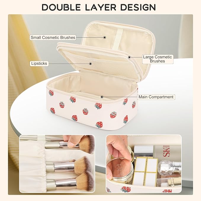 Relavel Small Makeup Bag, 2 Layers Make Up Bag for Women Girls | Travel Cosmetic Bag with Handle, Makeup Organizer Storage with 3 Brush Holders, White Straberry - Image 3