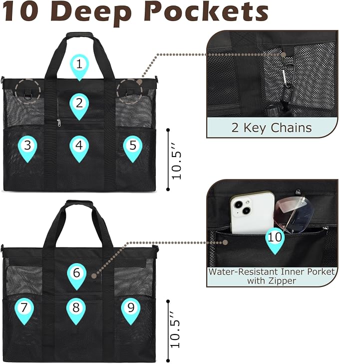 Fammart Mesh Beach Bag for Women, Large Beach Toy Pool Bag with Zipper Pocket, SandProof Cruise Essentials 2026 Family Travel - Image 4