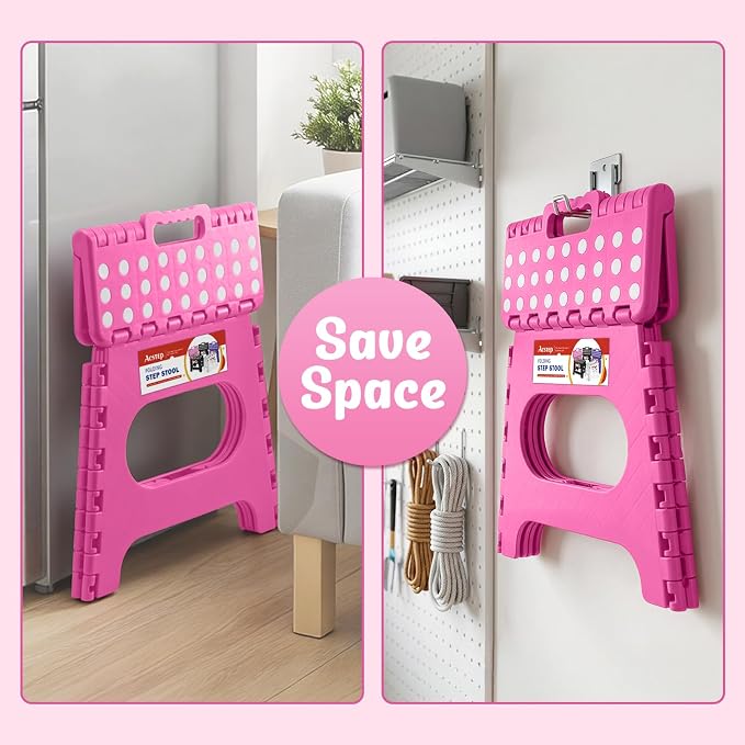 11" Folding Step Stool for Kids and Adults, Holds 300 lb, Rose red | Heavy Duty Collapsible Foot Stool, Lightweight with Built-in Handle, Non-Slip for Adults Kitchen Bathroom Bedroom Outdoor - Image 4