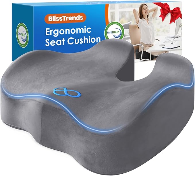 BlissTrends Thick Seat Cushion for Office Chair & Car Seat, XL, LightGrey | 5.2in Memory Foam with Removable Velvet Cover, Ergonomic Tailbone & Sciatica Support for Pressure Relief and Long Sitting by BlissTrends