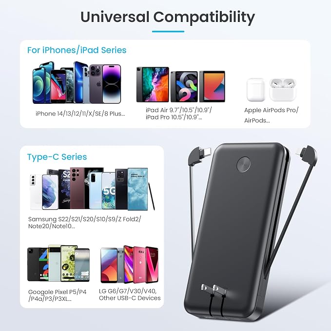 Portable Charger with Built-in AC Plug and Cables,13800mAh USB C Fast Charging Power Bank,Travel Essentials Portable Phone Charger Battery Pack for iPhone 17/16/15/14/13,Galaxy,Android-Graphite Black - Image 6