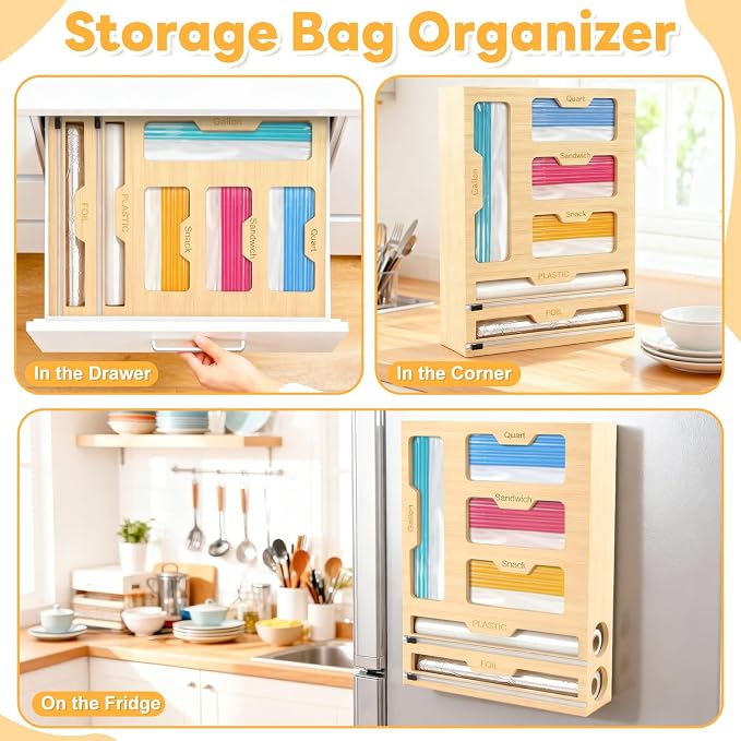 Magnetic Storage Bag Organizer 6 In 1 Food Bag Organizer for Fridge and Drawer, Foil and Plastic Wrap Organizers with Cutter, Food Storage Bags Organizers for Gallon Quart Sandwich Snack - Image 6