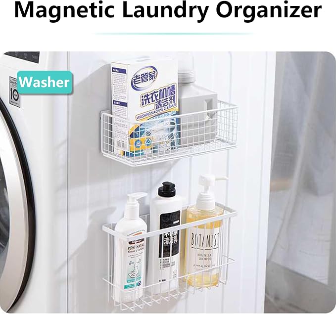 Magnetic Shelf Fridge Basket Bin Washer Dryer Locker Whiteboard Cabinet | No Drilling Instant Attachment Reusable Magnet Organizer Home Kitchen Laundry Classroom Office Storage Rack Container Holder - Image 5