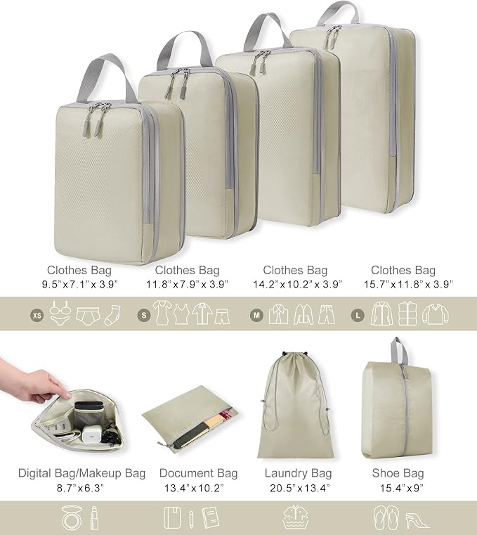 WOOMADA Compression Packing Cubes for Suitcases Travel Essentials 8 Set Expandable Travel Bags Organizer for Luggage(beige) - Image 3