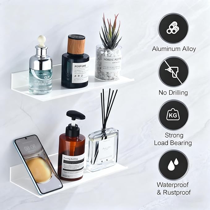 HNVNER Adhesive Bathroom Shelves 2 Pack, Metal Floating Wall Shelf, 30cm | White Shower Caddy, Wall Storage Decoration, Supports 5kg, Screw/No Drilling, Renter-friendly, Rustproof & Waterproof - Image 4