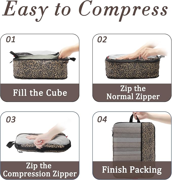 U+U 4 Set Compression Packing Cubes - Ultralight Travel Cubes (Leopard) | Space-Saving & Lightweight Travel - Image 4