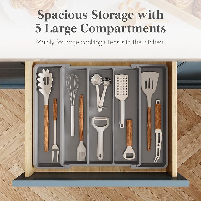 Lifewit Utensil Organizer for Kitchen Drawers, Expandable Utensil Tray | Adjustable Cooking Cutlery Silverware Flatware Holder, Plastic Spatula Tools Storage Divider, 11-18 x 14", Gray - Image 3