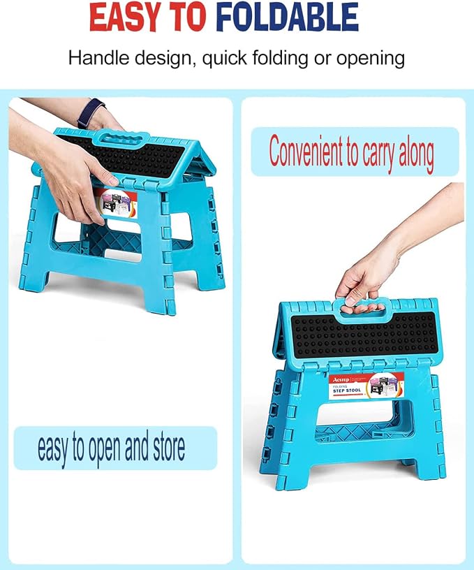 Folding Step Stool 9 Inch, Non-Slip Surface Stool for Kids, Dot Blue | Heavy Duty Foldable Stools, Lightweight, Holds 300 lb, for Toddler Kitchen Bathroom Bedroom Outdoor, Collapsible with Handle - Image 3