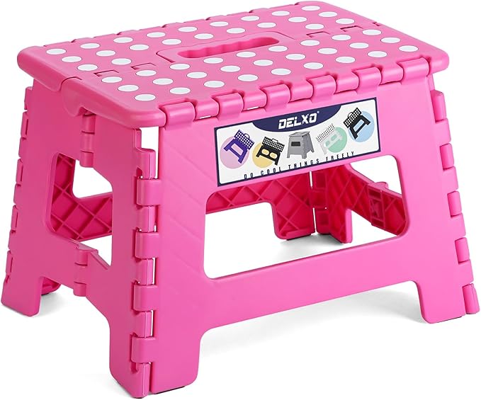 Delxo 9 Inch Kids Step Stool,300 Lbs Folding Step Stool for Toddler Pink | Foldable Step Stool,Non-Slip Foot Stools with Handle, Lightweight Collapsible Stool for Kitchen,Bathroom,Bedroom,Garden by Delxo