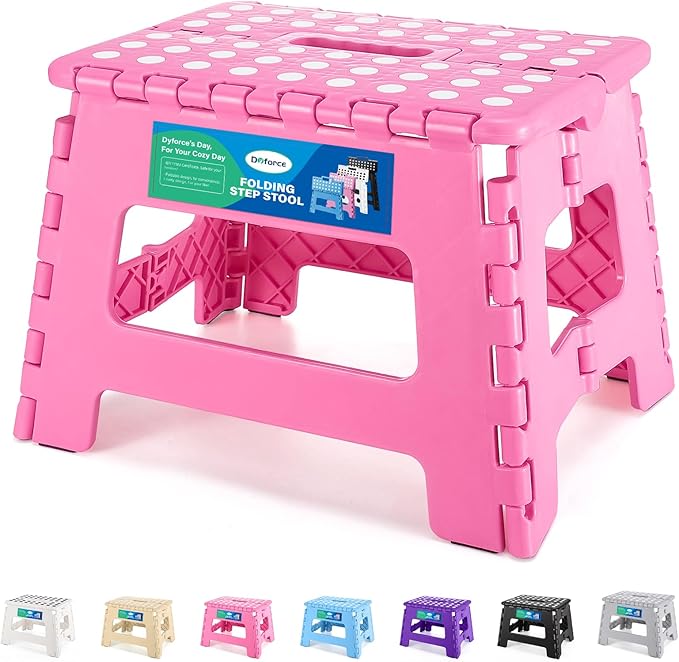Dyforce Kids Step Stool 9 Inch, 300lbs Folding Step Stool for Toddler | Step stool Pink,Anti-slip Heavy Duty Stool with Handle, Lightweight Foldable Foot Stool for Bathroom Kitchen Bedroom Outdoor by DyforceHomeDecorCOLTD