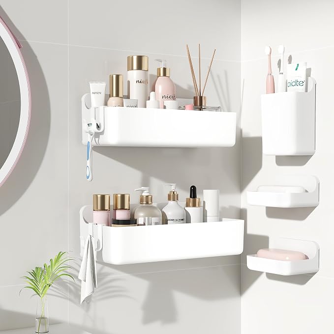 Nieifi Adhesive Shower Shelves, White, 5 Pieces | Rustproof ABS, Large Capacity, Removable Design, Easy-Clean, No Drilling Shower Organizer for Bathroom Storage & Home Decor - Image 9