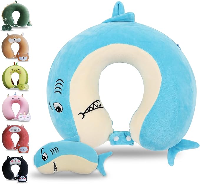 Sexysamba Cartoon Headrest & Neck Pillow for Kids Boys & Girls, Teens, Travel Accessories for Airplane, Car, Recline, Memory Foam Cute Travel Pillow with Sleep Eye Mask - Shark by Sexysamba