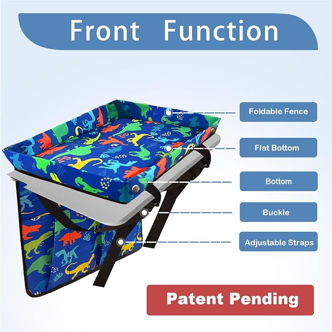 Adjustable Kids Tray Table Cover with Multi Portable Pockets, Airplane Travel Essentials for Kids, Toddlers, Adults, Airplane Must Haves, Plane Travel Essential, Travel Tray for Plane Train, Dinosaur - Image 2