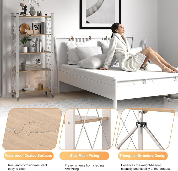5-Tier Foldable Storage Shelves with Wheels Wood Grain Transfer | Portable Structure, Suitable For Kitchen, Bedroom, Living Room, Bathroom, Garage, 59*26*13in - Image 5