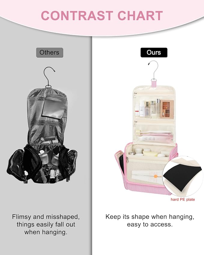 Relavel Hanging Toiletry Bag for Women, Travel Makeup Bag Cosmetic Organizer Toiletries Shower Bag for Travel Essentials, Accessories, Cute Gifts for Girls, Pink - Image 5