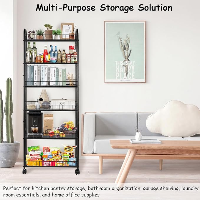 6 Tier Rolling Storage Cart on Wheels, Slim Tall Narrow Storage Shelf for Small Spaces, Metal Utility Cart Freestanding Mobile Shelving Rack with Wheels for Kitchen, Bathroom, Laundry Room - Image 7
