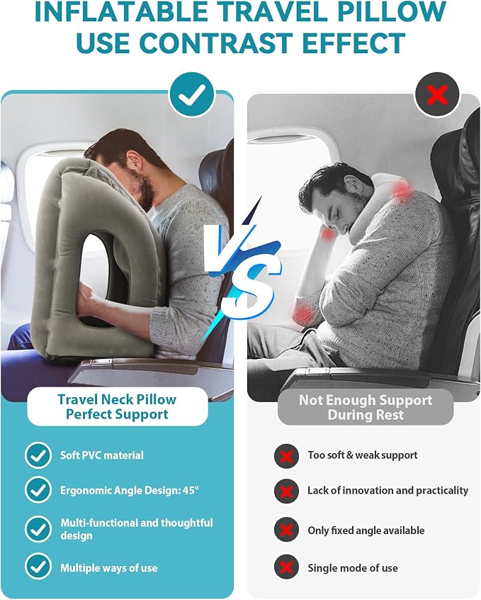 Inflatable Travel Pillow, Airplane Neck Pillow Comfortably Supports Head and Chin for Airplanes, Trains, Cars Office Napping on The Tray Table (Grey) - Image 5