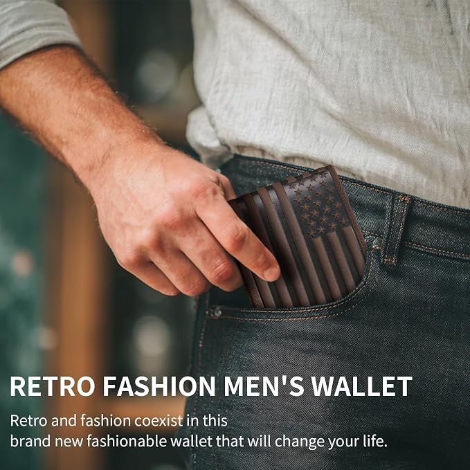Wallet for Men-Genuine Leather RFID Blocking Bifold Stylish Wallet American Flag Wallet With 1 ID Window (Coffee, Without ID Window) - Image 6