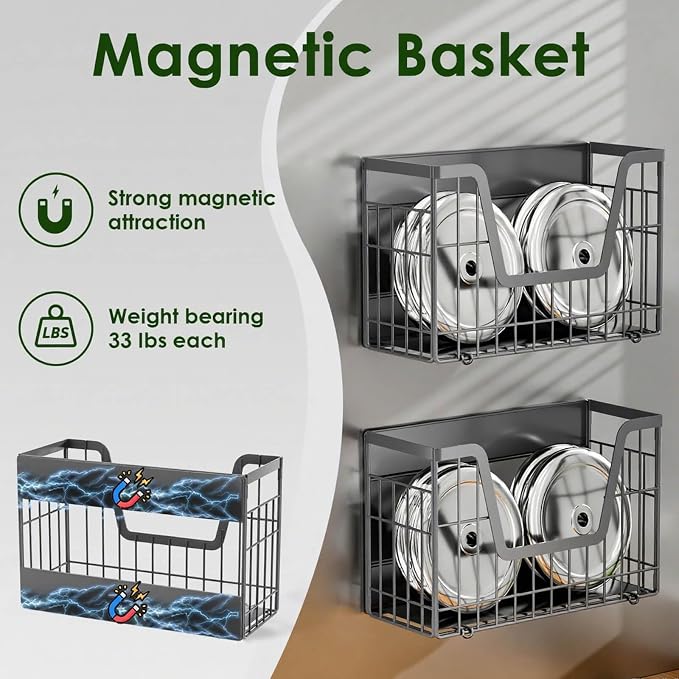 Grey Magnetic Shelf for Fridge, 2-Pack Potato and Onion Storage Bin | Magnetic Fruit Basket for Fridge, Magnetic Shelves Kitchen Pantry Organizers & Storage, Magnetic Spice Rack for Refrigerator - Image 2