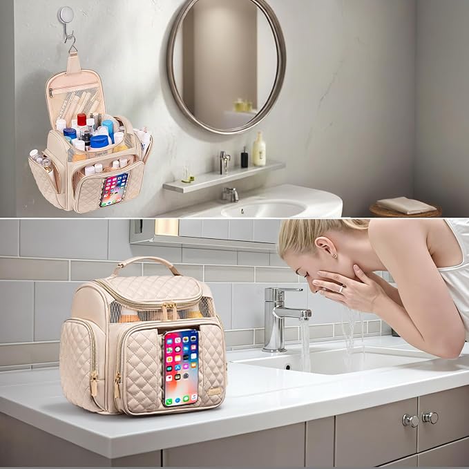 Large Leather Toiletry Bag for Women Men,Bathroom Bag,Water Resistant Shower Bag,Makeup Bag,Portable Shower Caddy for College Dorm,Hanging Travel Toiletry Bag with Transparent Waterproof Phone Pocket - Image 8