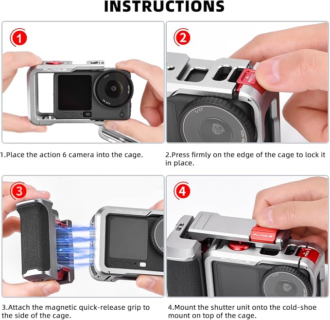Action 6 Grip Kit (with Metal Cage), Aluminum Alloy Camera Handle Bundle Expansion Mount with Shutter Button, Quick Release, Cold Shoe, 1/4" Threaded Hole for DJI Osmo Action 6 Accessories - Image 4