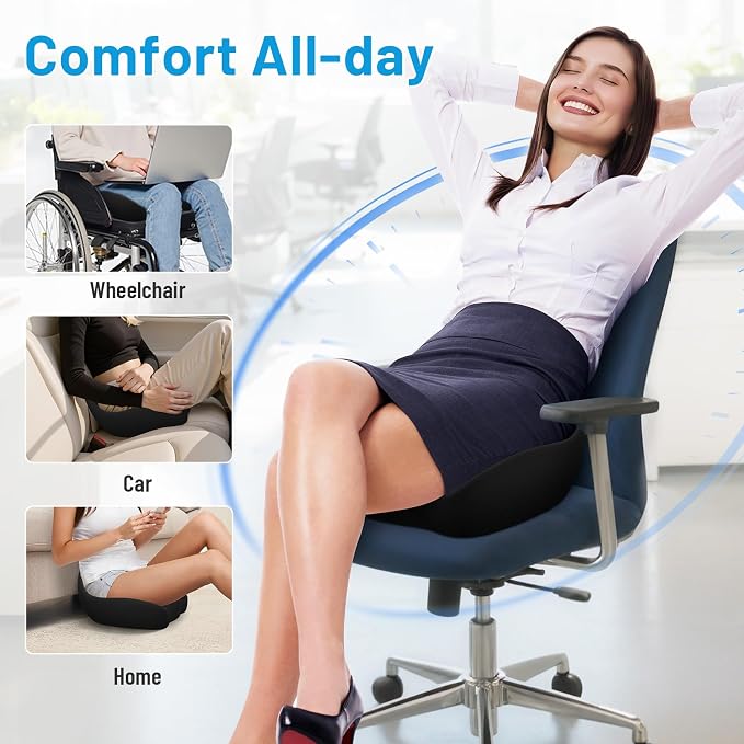 Memory Foam Seat Cushion, Ergonomic Office Chair Cushion for Long Sitting | Curved Tailbone Support Cushion for Car, Desk Chair and Wheelchair, Coccyx Comfort Pad with Breathable Cover, X-Large, Black - Image 2