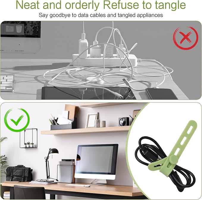 Donruby 24Pcs Silicone Cable Ties - Reusable & Washable with Locking Buckles, Adjustable Fastening Cable Management Straps, Multi-Purpose High Elasticity Cord Organizer (Matcha Green) - Image 7