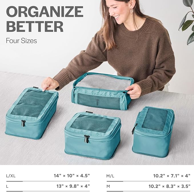 Compression Packing Cubes for Travel, 4-Pack, Teal | Solves overpacking, 4-Piece set fits most carry-ons, 50% Space savings, Compression luggage organizer bags - Image 3