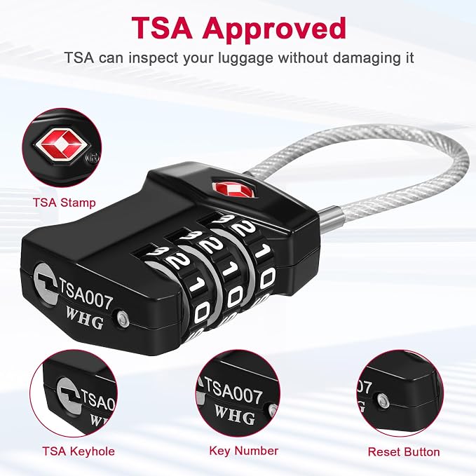 ZHEGE TSA Approved Cable Luggage Lock, Travel Lock, Keyless Padlock (Black) | 3 Digit Combination for Suitcase, Backpack, Bag, Toolbox, Gym Locker - Easy to Read & Use for All Ages - Image 2