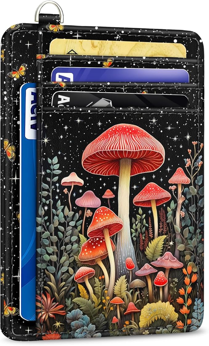 Yonlevres Mushroom Credit Card Holder Slim RFID Wallet Women Small Travel | Front Pocket, Handy, RFID Blocking, Woman Girls Ladies Gifts, D-ring for Keychain,Thin Mini Card Case, ID Window, PU Leather by Yonlevres