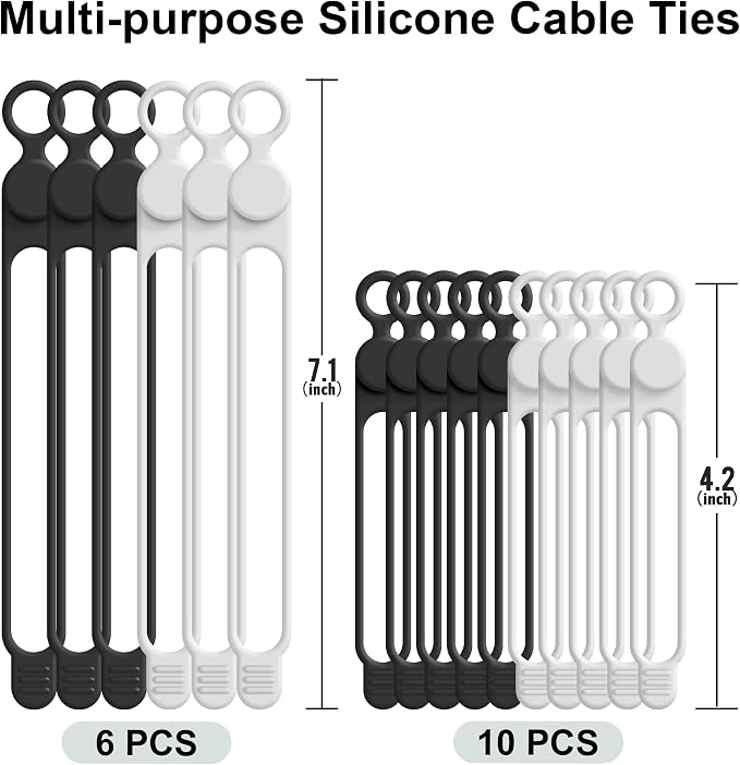 16Pcs Silicone Cable Ties, Cord Organizer Cable Management-2Sizes | Reusable Cord Ties for Electronics, Office Desk Accessories, Home Travel Essentials, Easy to Use, 4.2" and 7.1"-2 Colors - Image 6
