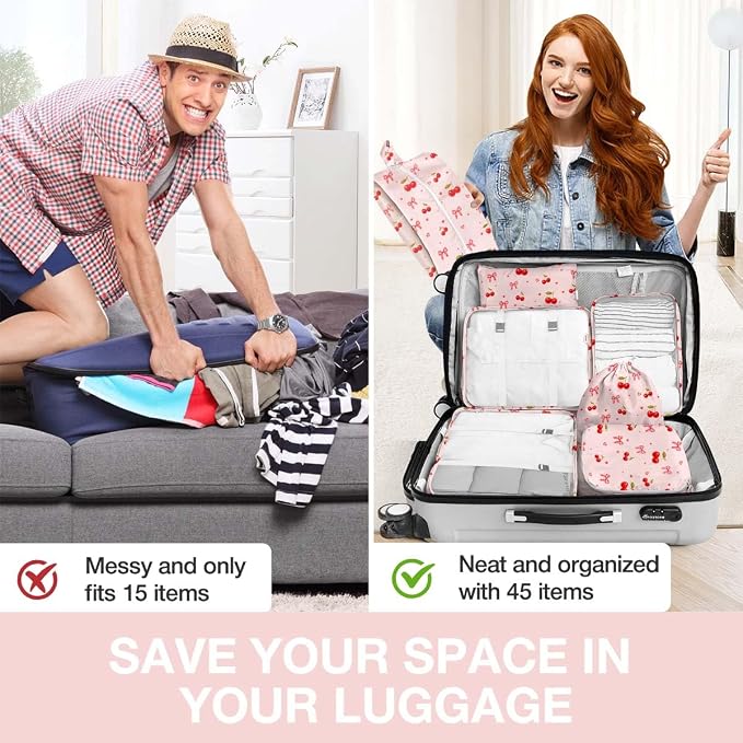 Packing Cubes for Travel,8 Set Luggage Organizer Bags with Mesh Top Panel, Lightweight Suitcase Organizers for Carry On, Family Vacation, Business Trip(Cherry Bows) - Image 6