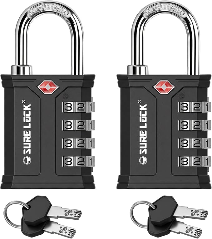 SURE LOCK TSA Approved Combination Lock with Key, Heavy Duty Security Padlock for Gun Cases, Pelican Cases, Tool Boxes, Gym Lockers, Storage Units & Outdoor Gates (Black 2 Pack) by Hopeyoucanstaysafe