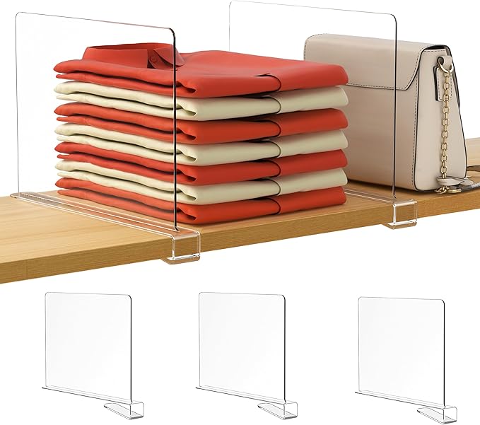 HBlife 3 Pack Clear Shelf Dividers, Vertical Purse Organizer for Closet Perfect for Sweater, Shirts, Handbags in Bedroom and Kitchen, Adjustable Acrylic Bookshelf for Organization by HBlife