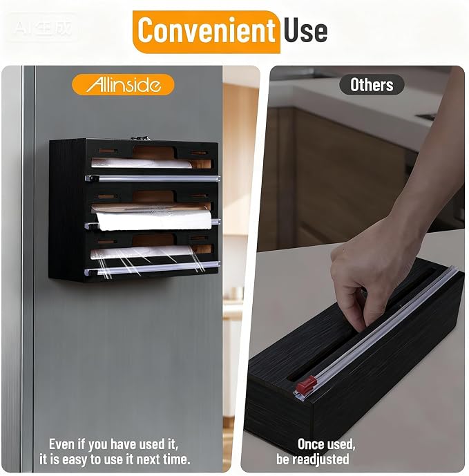 Allinside Magnetic Plastic Wrap Dispenser with Cutter, 3 in 1 Refrigerator Bamboo Wood Organizer for Tin Foil, Baking, Wax Paper Holder Kitchen Storage Box Compatible with 12.9" Roll, Black (3 Layer) - Image 4