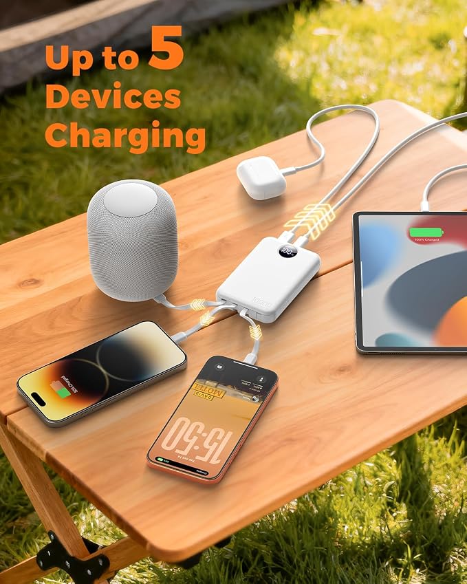 Portable Charger 10000mAh with 4 Built-in Cables 40% Smaller | Power Bank Fast Charging Battery Pack,LED Display Compact with Travel Charger for iPhone Other Devices-White - Image 5