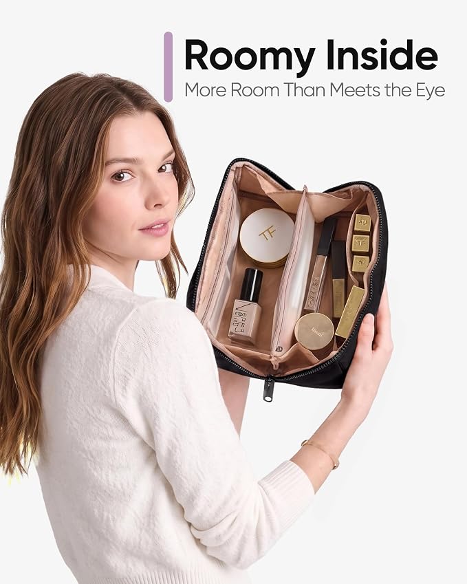 NISHEL Travel Makeup Bag Organizer Pouch Open Flat Cosmetic Case Brush Slot | Open-flat design keeps cosmetics, brushes, and beauty tools organized for travel and daily routines, Medium, Black - Image 3