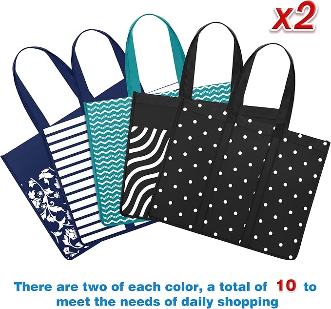10 Pack Reusable Grocery Bags Waterproof Tote Bags for Shopping Groceries | 35L Large Capacity, Heavy-Duty, Waterproof, Lightweight, Foldable Tote with Sturdy Handles, Polka Dot Design - Image 7