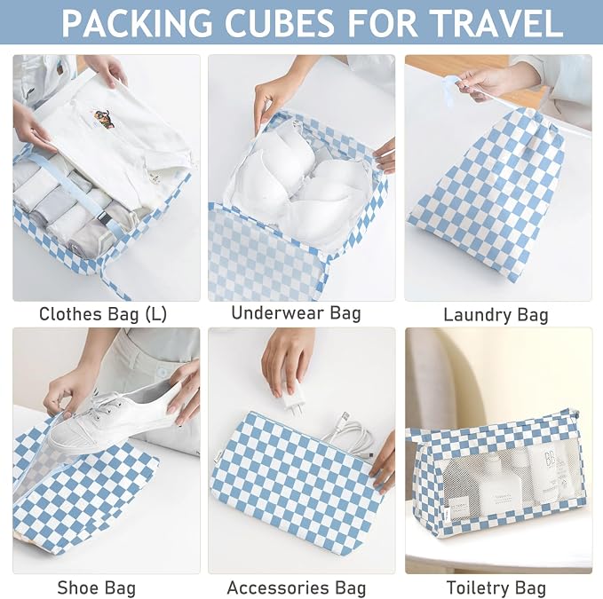 8 Set Packing Cubes for Travel, Luggage Packing Organizers Accessories Large Toiletries Bag for Clothes Shoes Cosmetics (Blue Checkered) - Image 4