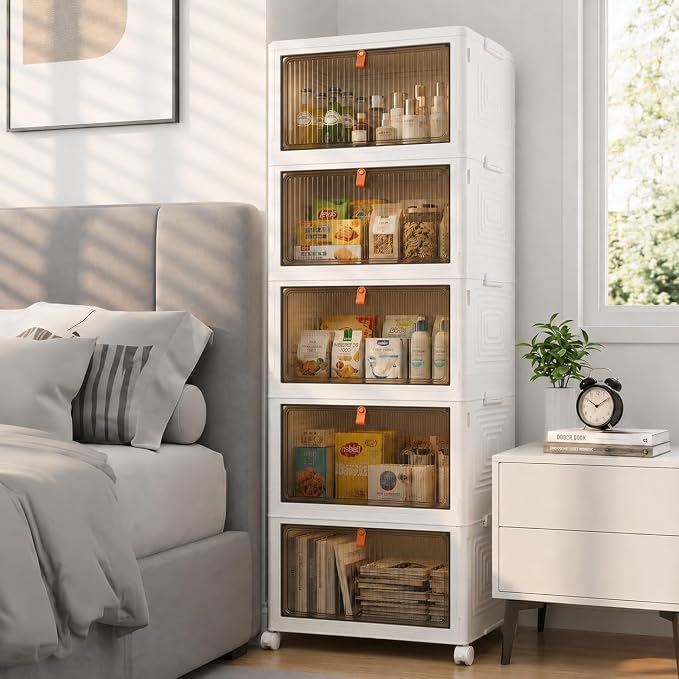 LDQ 170 Qt Large Storage Bins with Lids, 5 Tier Stackable Storage Cabinet with Wheels & Clear Doors, Foldable Plastic Closet Organizer for Bedroom, Bathroom & Kitchen - Image 4