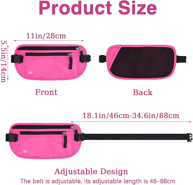 FuninCrea Waterproof Hidden Money Belt for Travel, Anti-Theft Belt Bag with RFID Blocking Function Adjustable Slim Waist Bag with 2 Zipper Pockets & 1 Back Pocket for Travel Running (B, Hot Pink) - Image 2