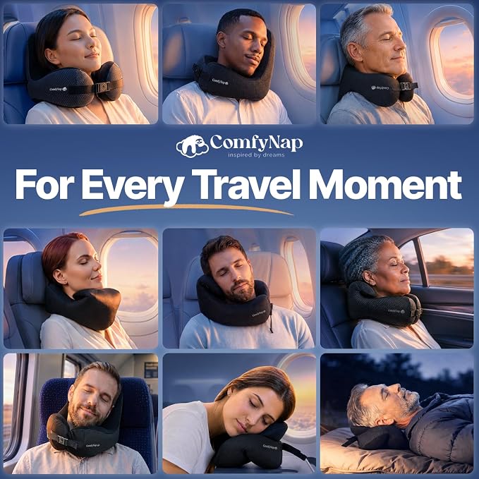 ComfyNap® Versatile Travel Neck Pillow for Airplane [Patented], 9 Positions in 3 Techniques, Plane Pillow with Pure Memory Foam, Travel Pillow with HeadRest Flight Sleep, Travel Essential - Mercury - Image 2