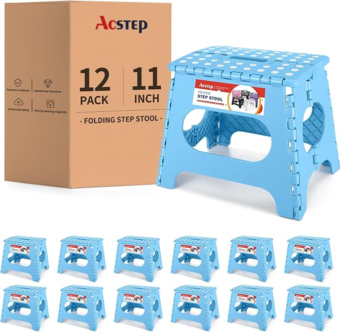 12 Pack 11 Inch Folding Step Stool, Sturdy Plastic Foldable Step Stool for Kids & Adults, Non Slip Lightweight Collapsible Foot Stools Holds 300 lbs, Ideal for Kitchen, Bathroom, Outdoor, Blue by ACSTEP