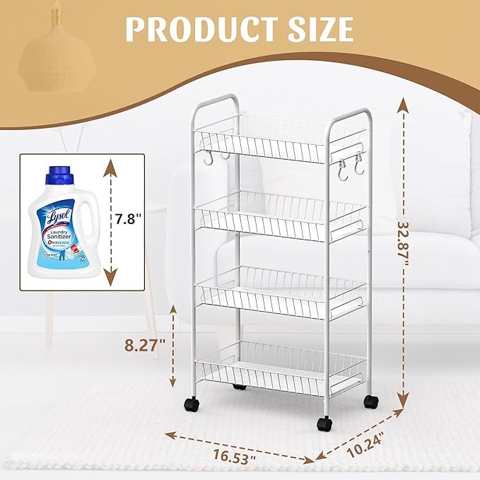 PLKOW 4-Tier Rolling Utility Cart with Detachable Baskets, White | 4-tier steel cart with detachable baskets, anti-fall pads, hooks, and 360° wheels for compact home storage. - Image 3