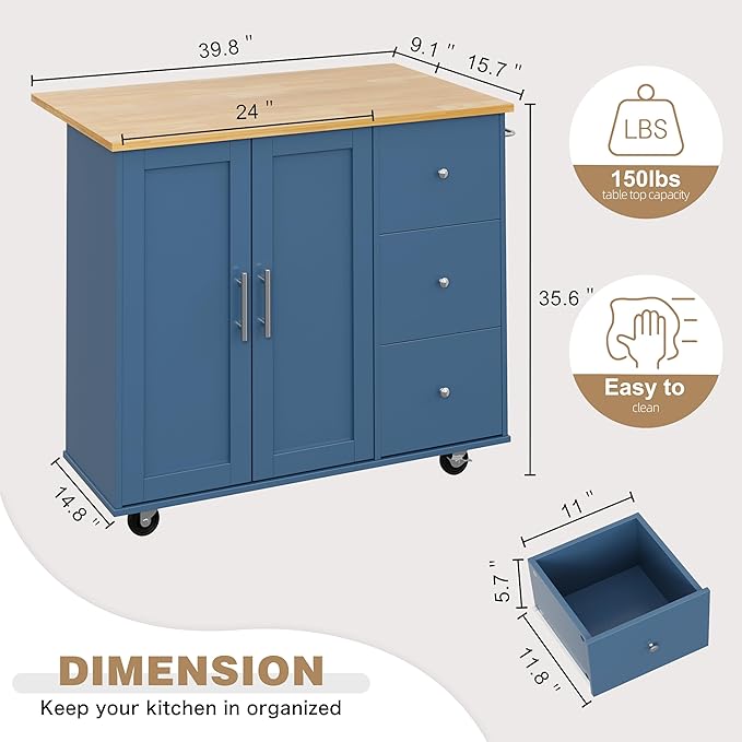 Shintenchi Kitchen Island with Folding Drop Leaf, Rolling Island Table with Storage, Kitchen Cabinet on Wheels with Seating Area for Kitchen, Bar Cart with Cabinet, Blue - Image 3