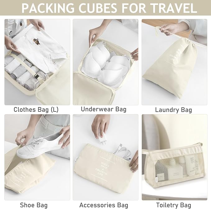 KPX 8 Set Packing Cubes for Travel, Luggage Packing Organizers Accessories Large Toiletries Bag for Clothes Shoes Cosmetics (Beige) - Image 4