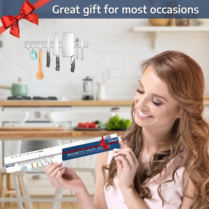 Dmore magnetic knife holder for wall—with 3 hooks, No Drilling 16 Inch silver knife magnetic strip, Powerful knife magnet rack, include Adhesive Tape and screws for Knives, Utensils, and Tools - Image 6